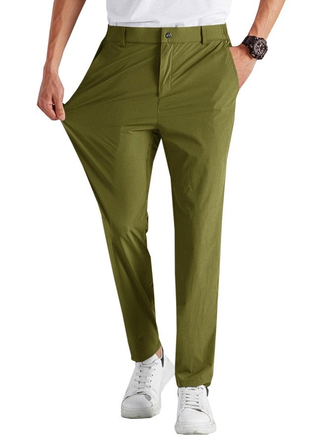 Runcati Mens Stretch Golf Pants Casual Slim Fit Dress Pants Elastic Waist Tapered Work Cropped Trousers Army Green - Image 1